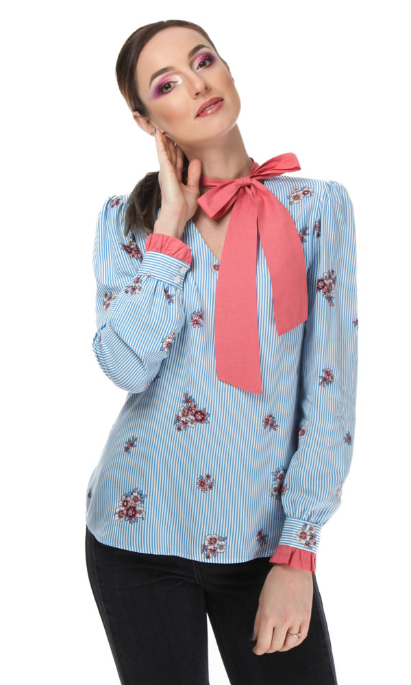 Bluza cu funda, din bumbac cu dungi si imprimeu floral