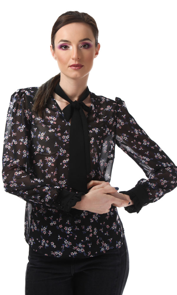 Bluza cu funda, din voal negru cu imprimeu floral