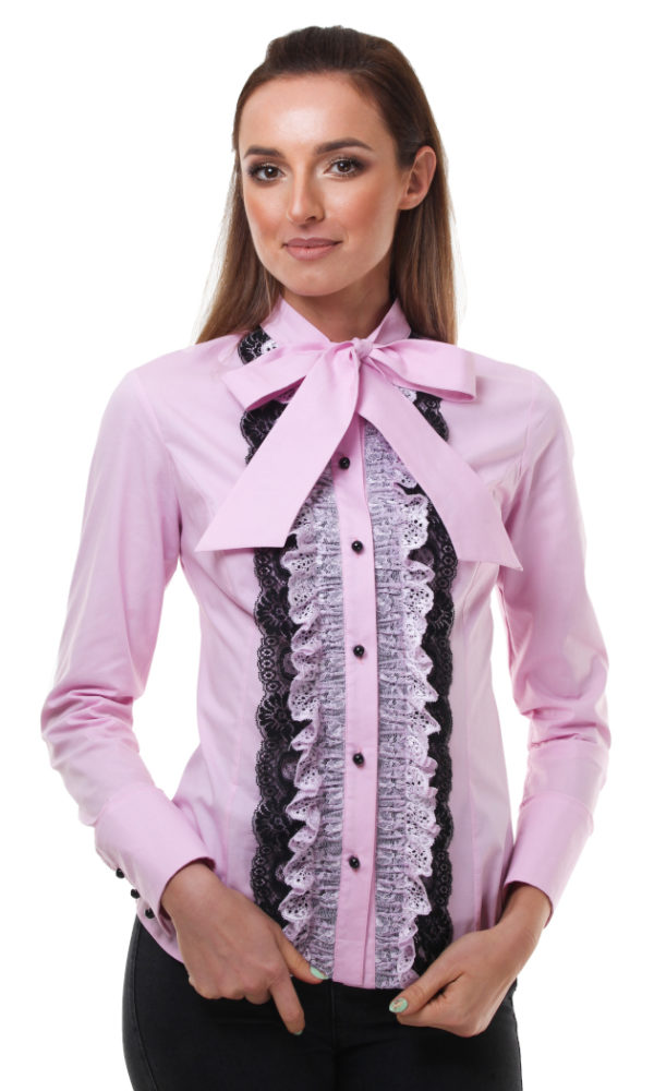 camasa din bumbac roz, cu dantela si funda