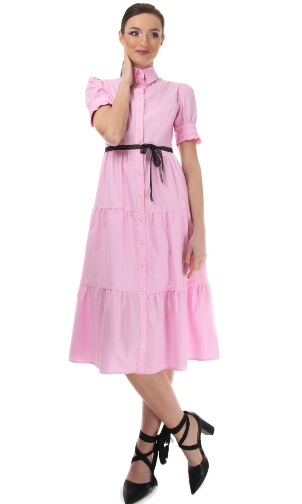 Rochie camasa midi, roz, cu maneca scurta