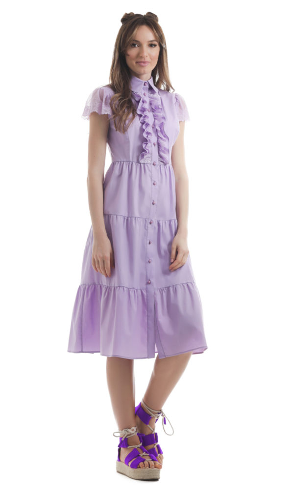 Rochie camasa lavanda, cu maneca scurta din dantela